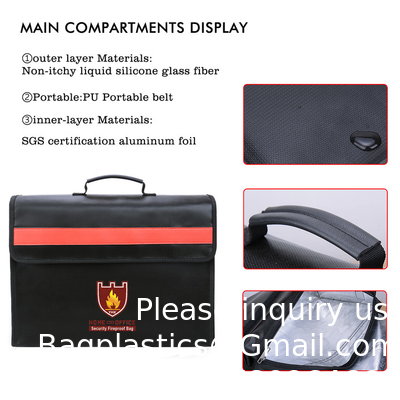 Sac à documents ignifuge de grande taille non démangeaisonnant en silicone revêtu de fibre de verre Porteur de document imperméable à l'eau avec épaule